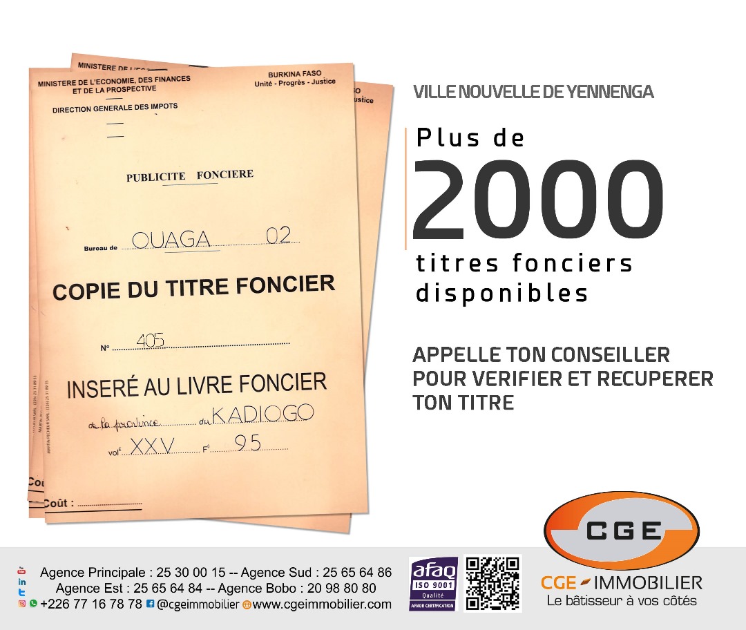 Titres fonciers disponibles sur la Ville Nouvelle de Yennenga 