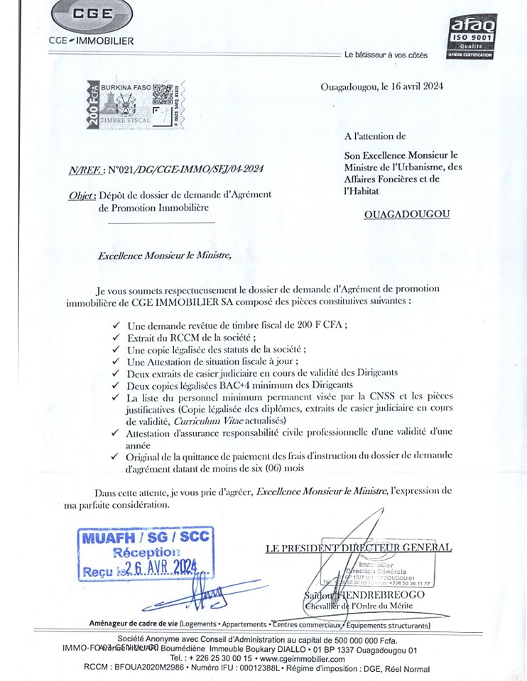 Dépôt de dossier de demande d'agrément de promotion immobilière