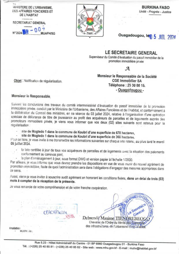 Régularisation des 02 sites de CGE Immobilier dans la commune de Koubri