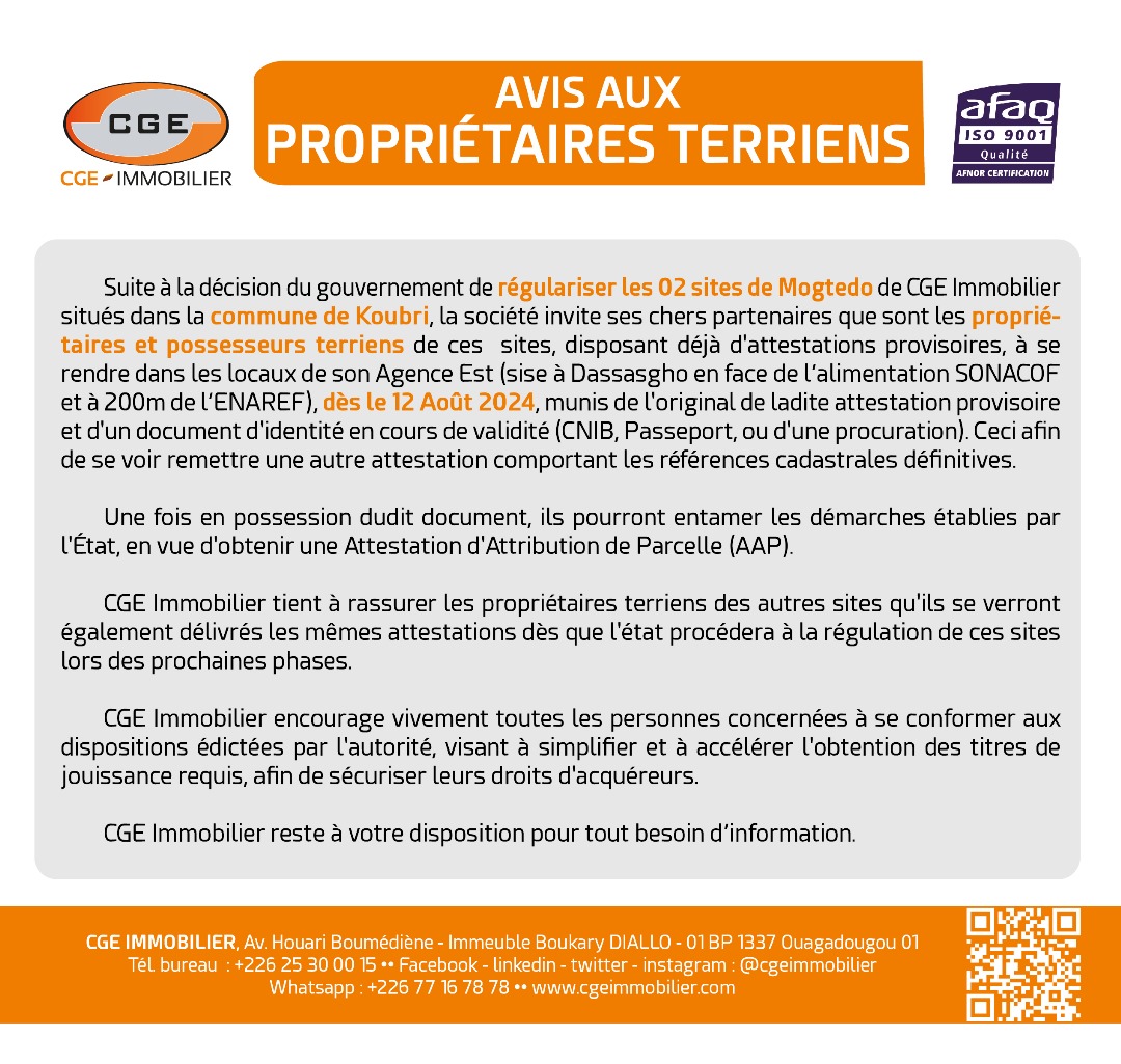 AVIS AUX PROPRIÉTAIRES TERRIENS 