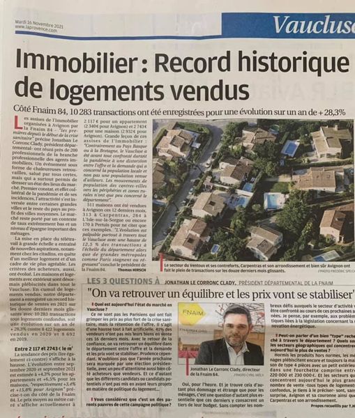 Point marché 2021 lors de la AG de la FNAIM 84 / La Provence